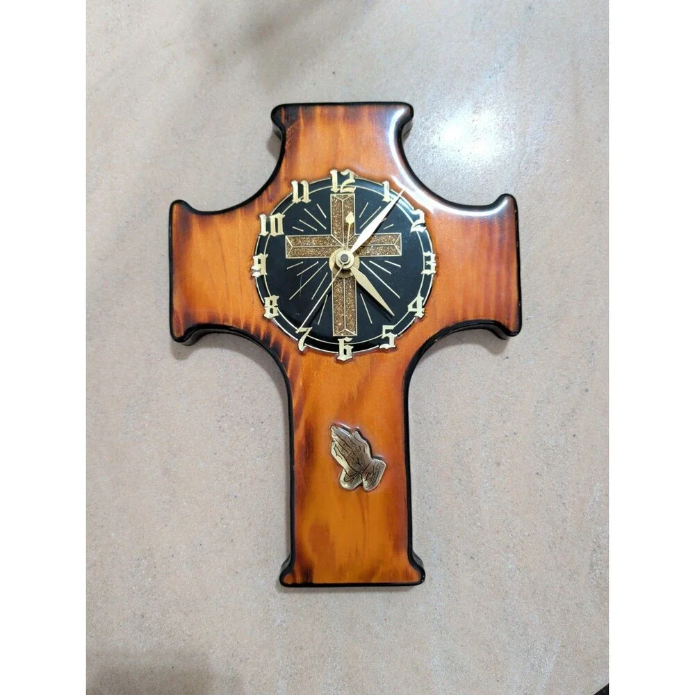 Vintage Religious Wood Cross Wall Clock Praying Hands Lacquered Plaque Works